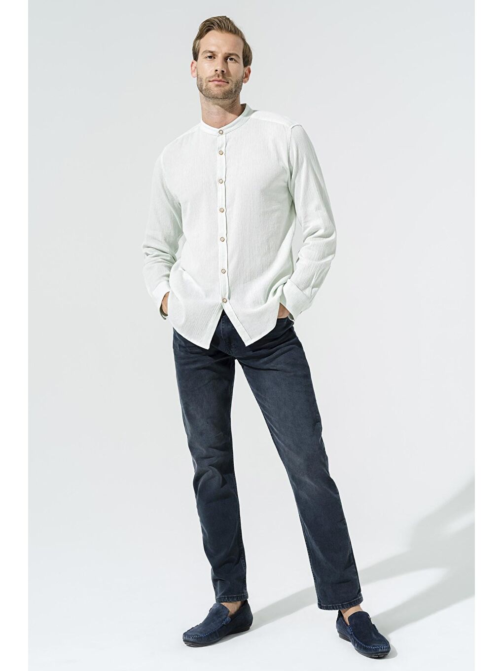 Turkuaz Organik Hakim Yaka Uzun Kol Mint Yeşil Gömlek-3