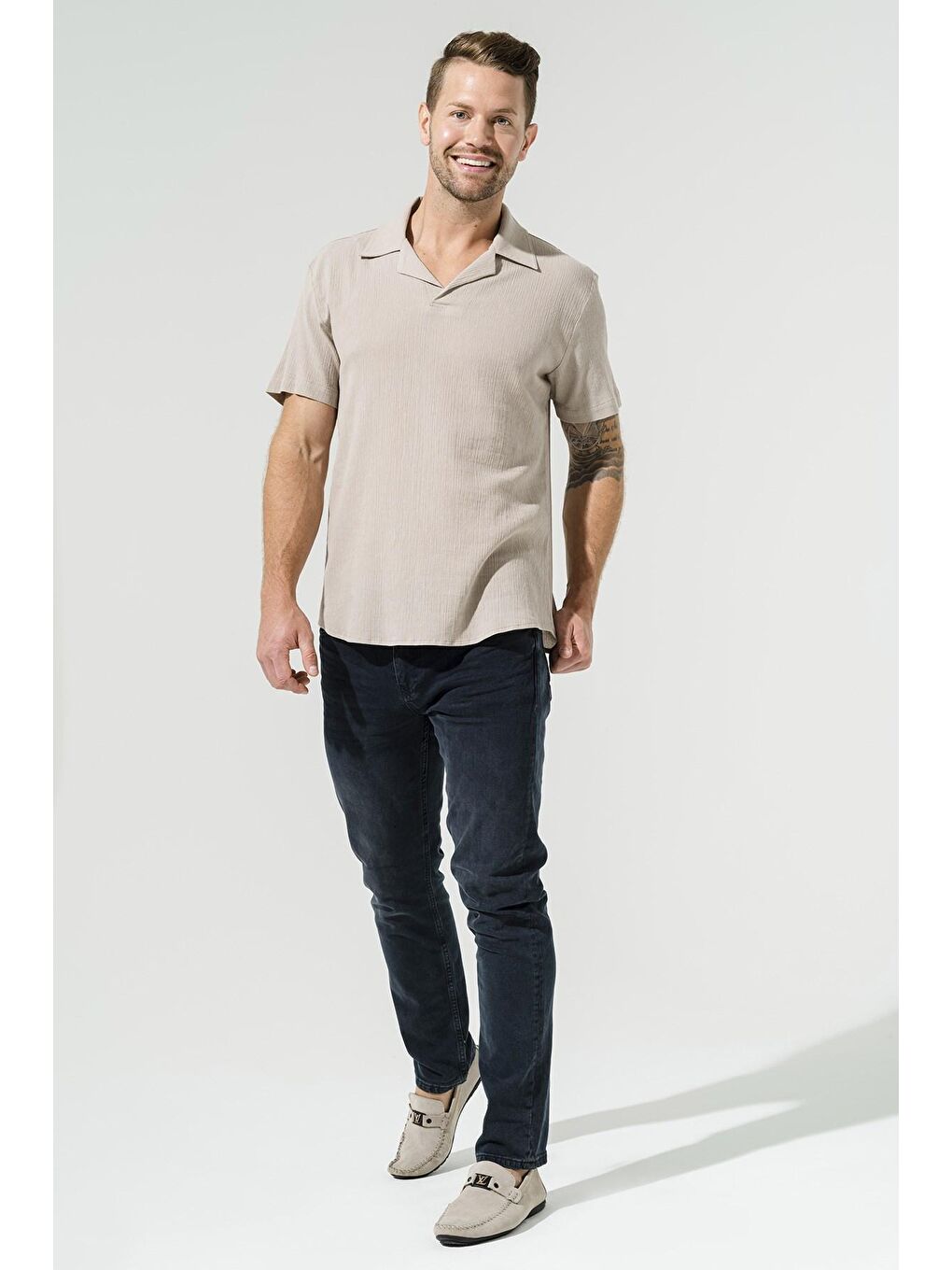 Bej Organik Mini Pat Taş %100 Pamuk Gömlek-2