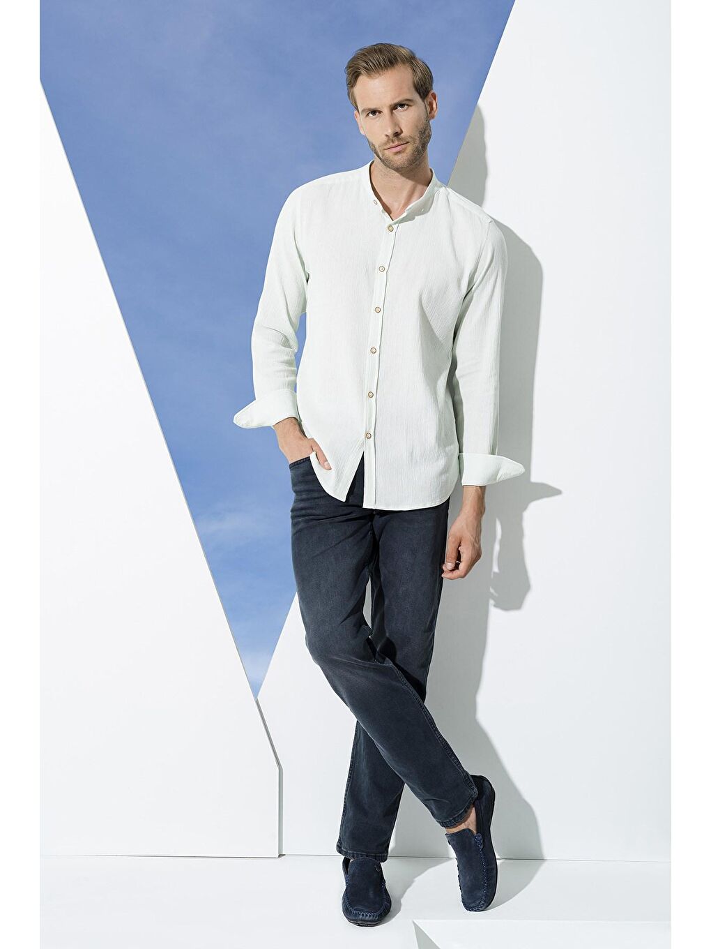 Turkuaz Organik Hakim Yaka Uzun Kol Mint Yeşil Gömlek-4