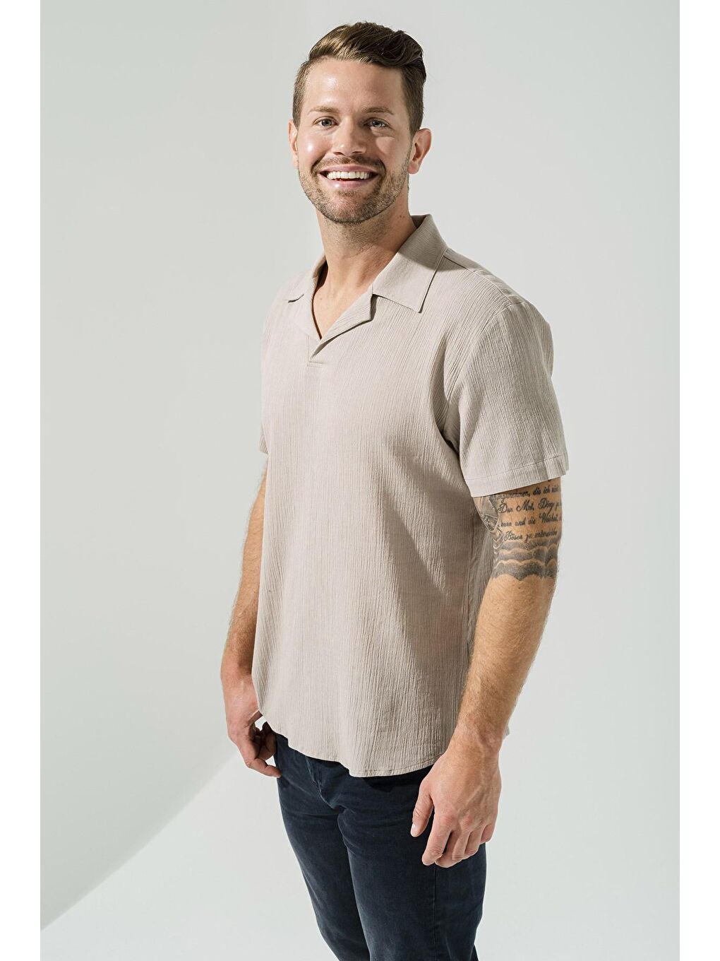 Bej Organik Mini Pat Taş %100 Pamuk Gömlek-3