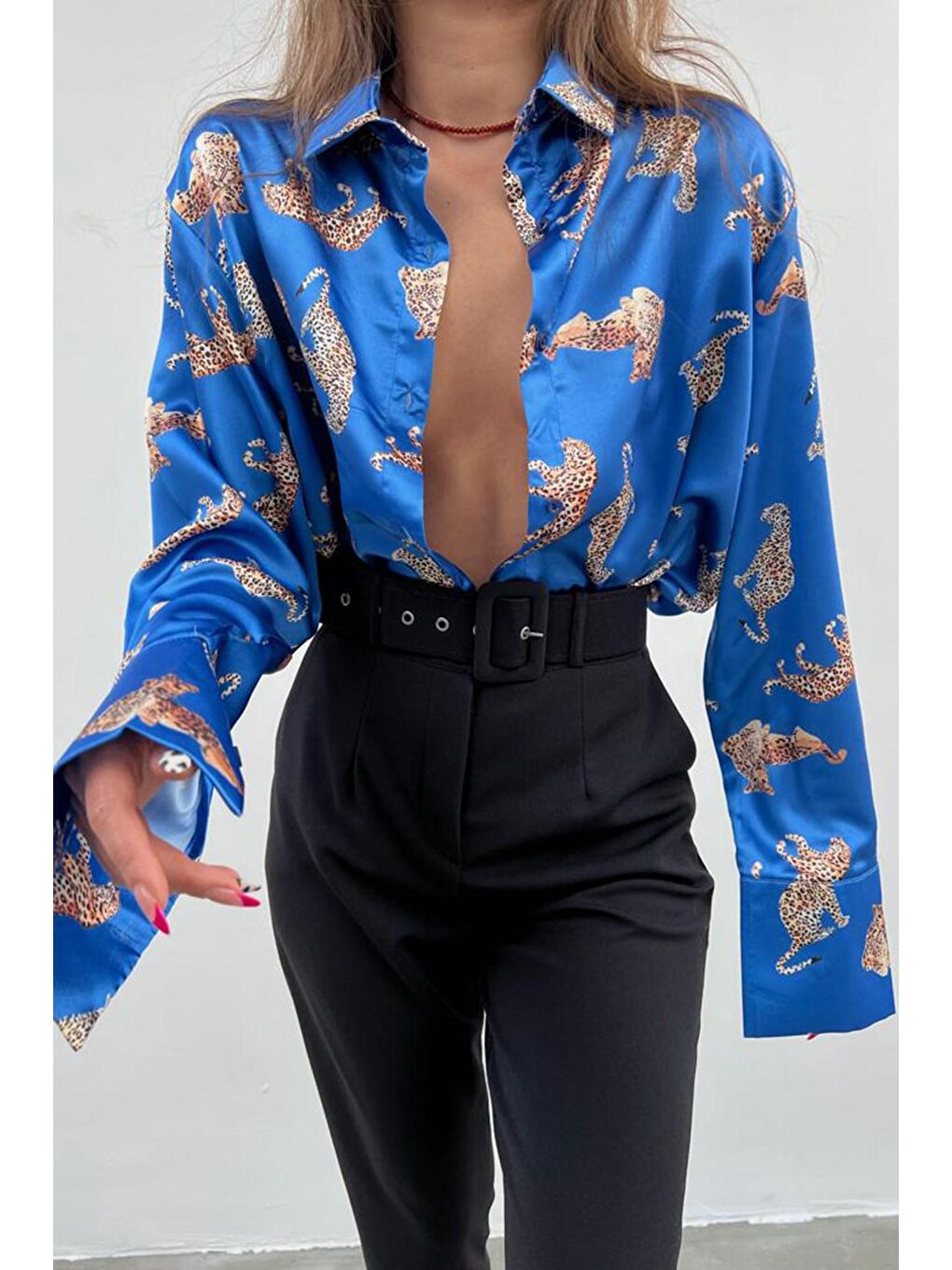 Leoparlı Mavi Saten Gömlek Mg187-4