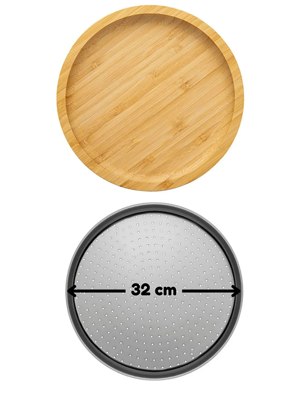 Kitchen Design Lab Gri Orta Boy Delikli Pizza Tepsisi Lahmacun Tepsisi 32 Cm Ve Bambu Yuvarlak Pizza Tabağı 30 Cm