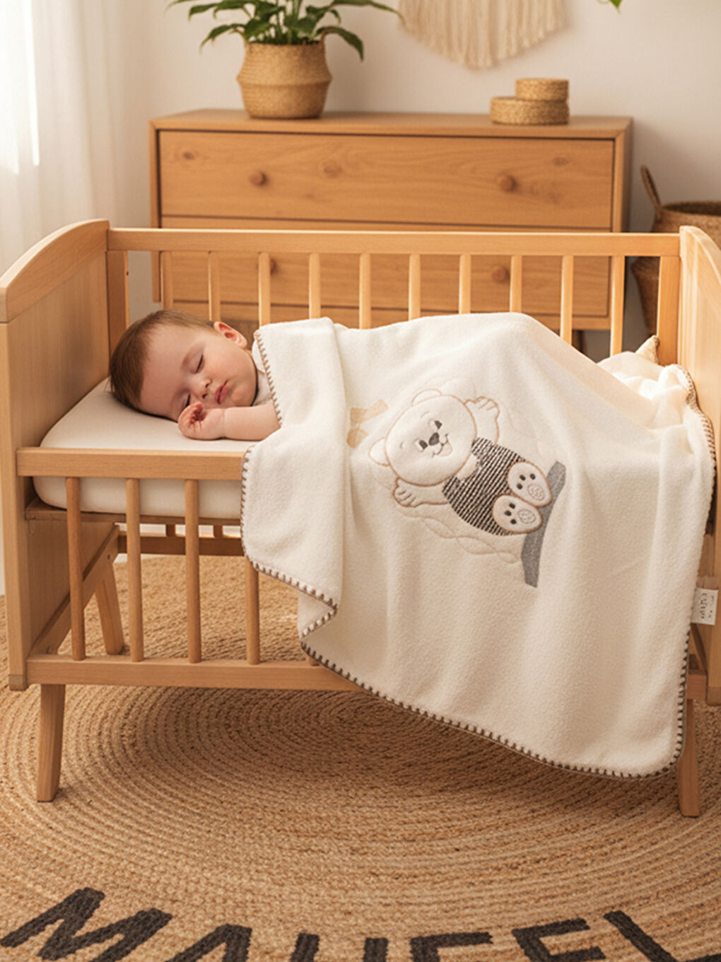 Ekru Çift Katlı Welsoft Salıncak Nakışlı Bebek Battaniyesi EKRU-1