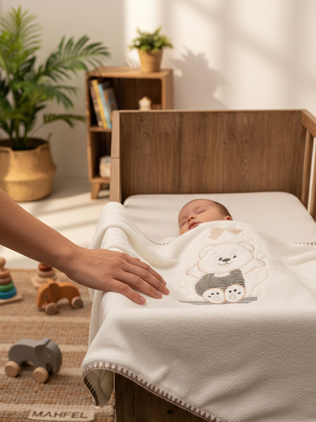 Ekru Çift Katlı Welsoft Salıncak Nakışlı Bebek Battaniyesi EKRU-3