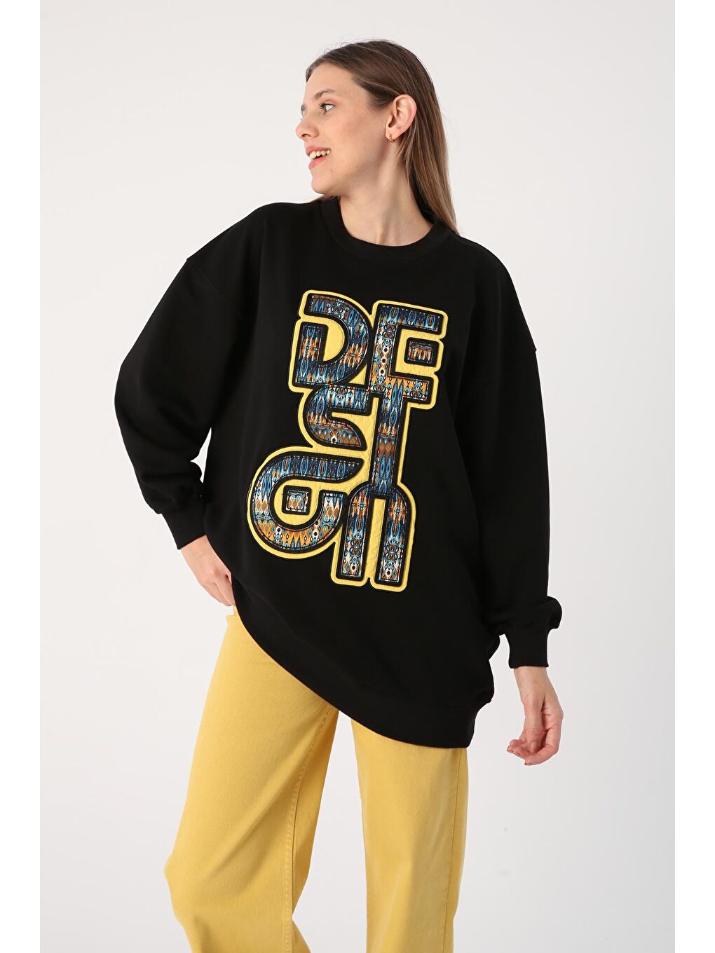 ALLDAY Siyah Oversize Desenli Aplike Nakışlı Sweat Tunik