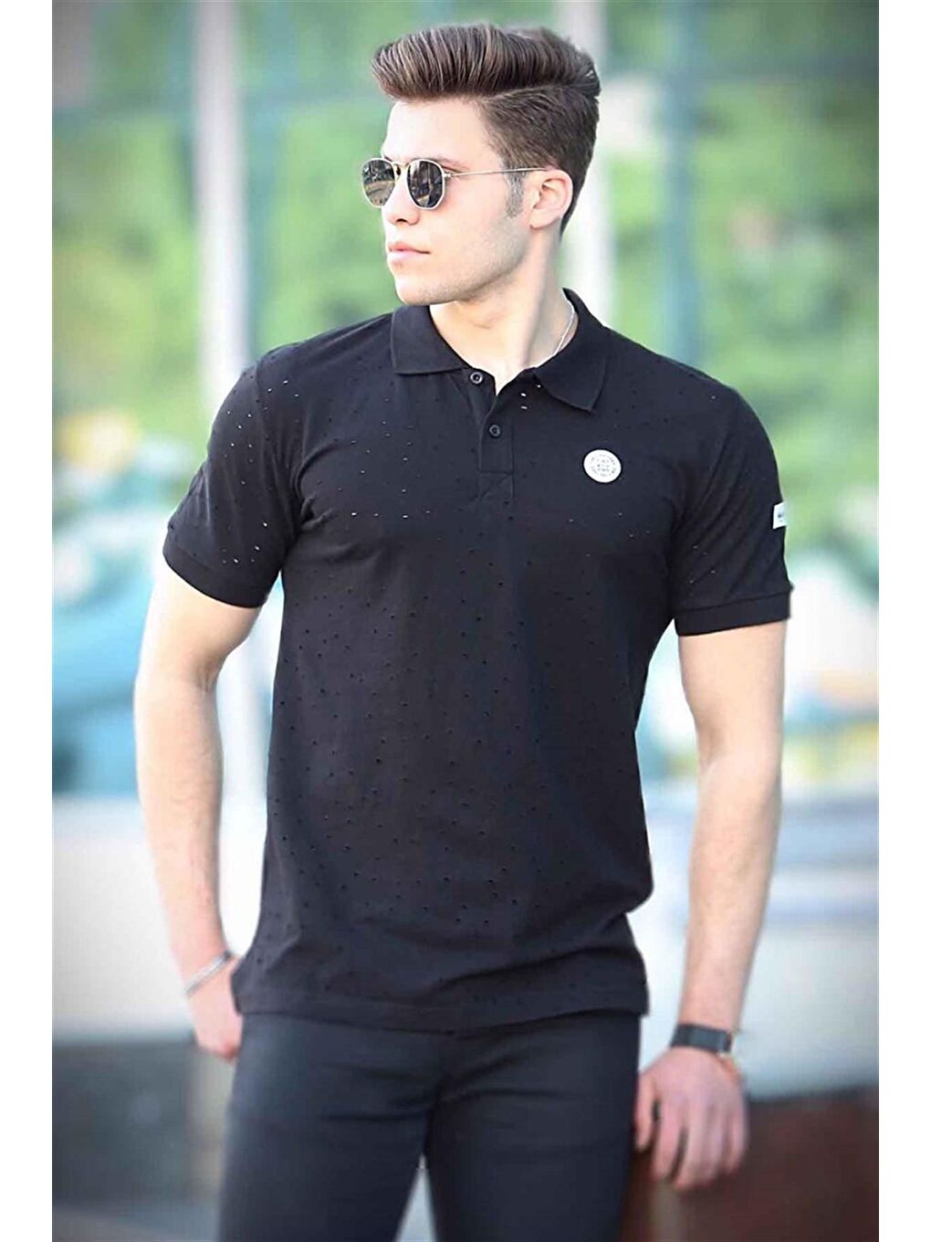 Yırtık Detaylı Siyah Polo Yaka Erkek Tişört 4565