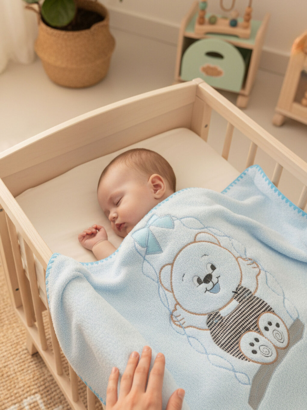 Mavi Çift Katlı Welsoft Salıncak Nakışlı Bebek Battaniyesi MAVİ-1