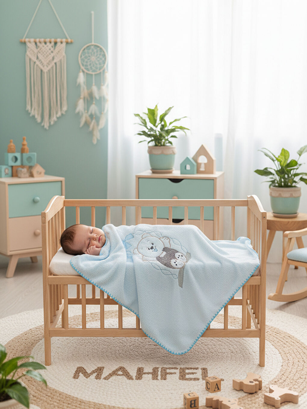 Mavi Çift Katlı Welsoft Salıncak Nakışlı Bebek Battaniyesi MAVİ-2