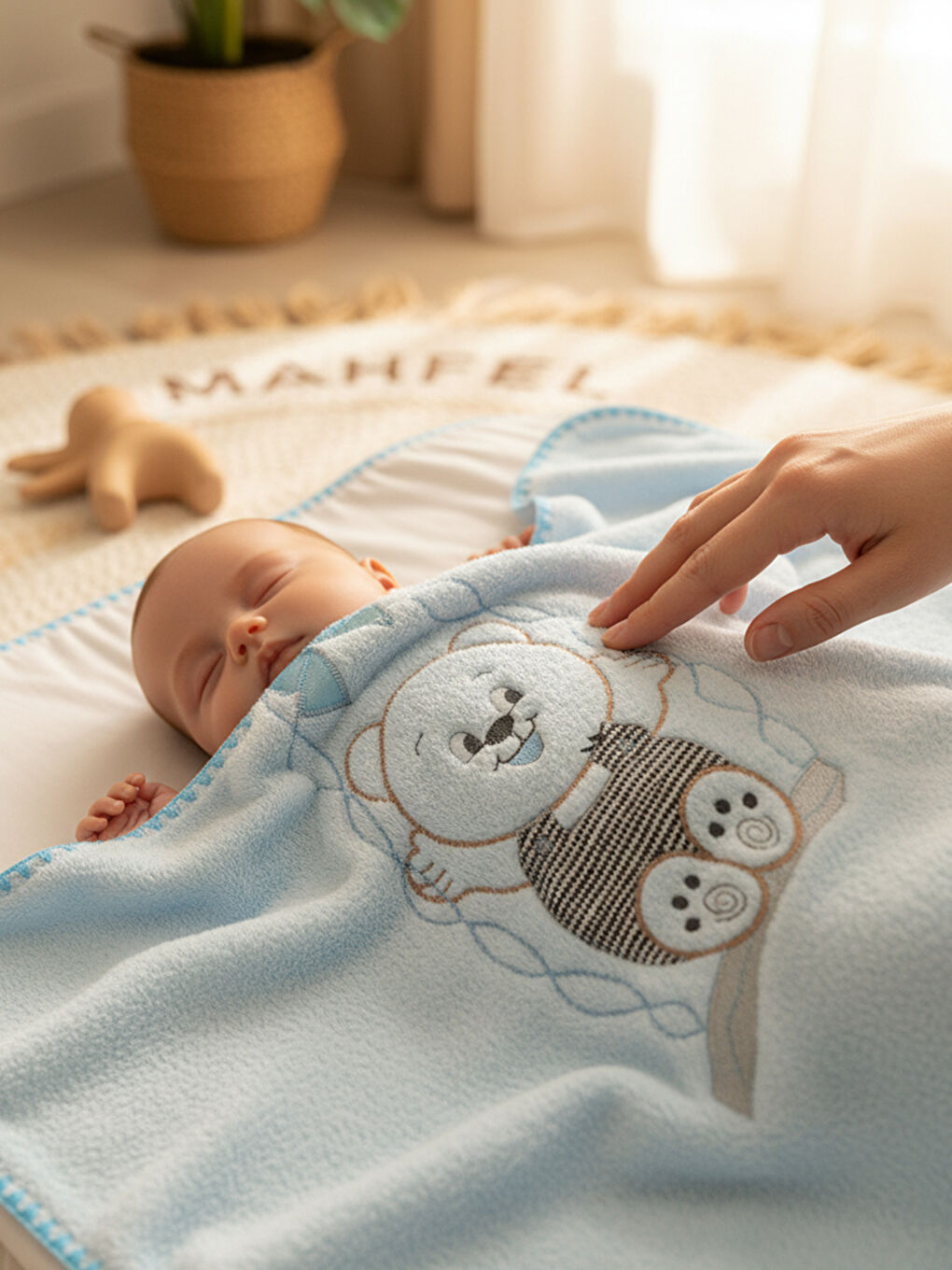 Mavi Çift Katlı Welsoft Salıncak Nakışlı Bebek Battaniyesi MAVİ-3