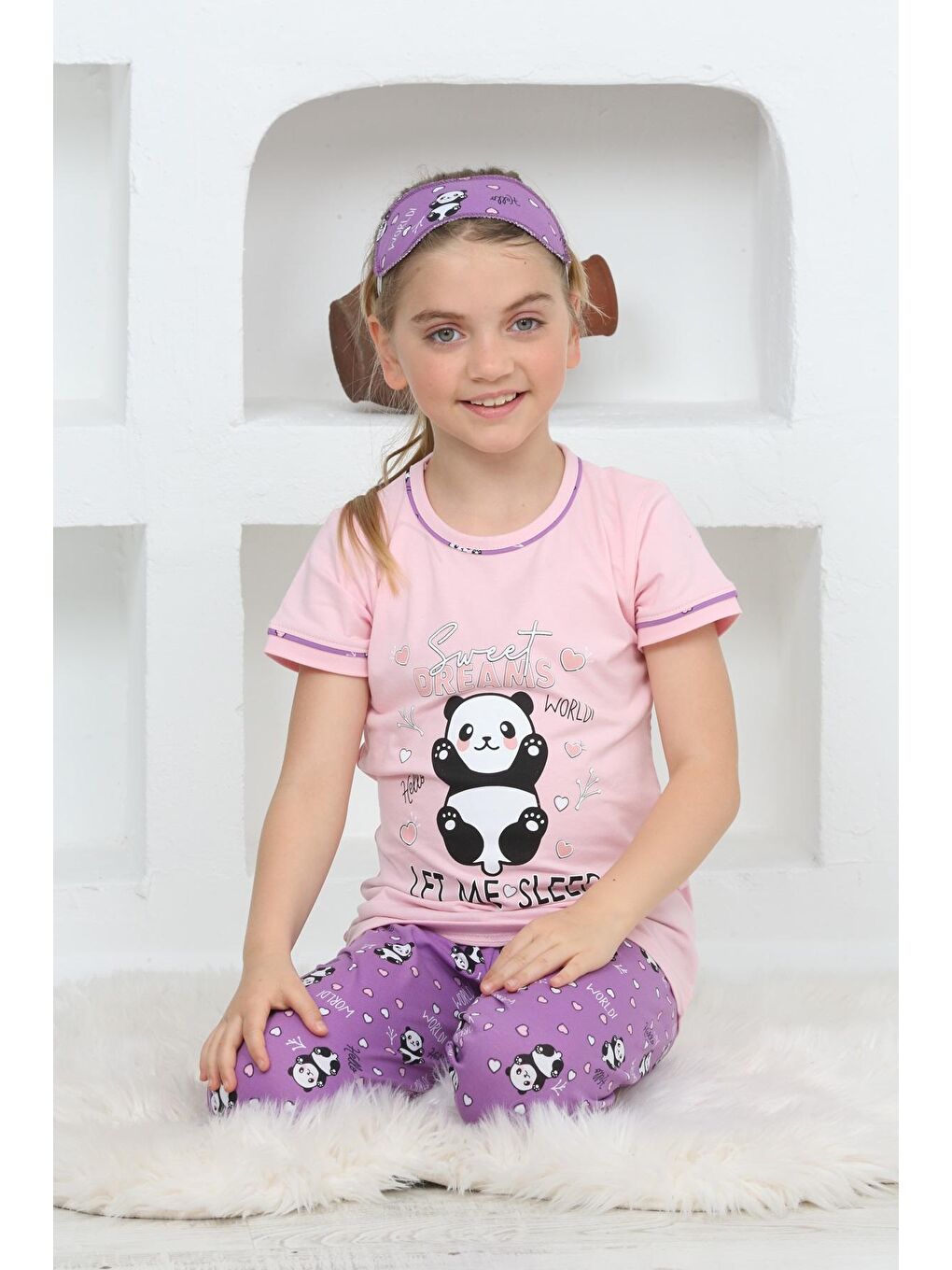 Kapi Kids Pembe Kız Çocuk Uyku Bantlı Kaprili Panda Baskılı Pijama Takımı 3-15 Yaş 6112-14 - 1