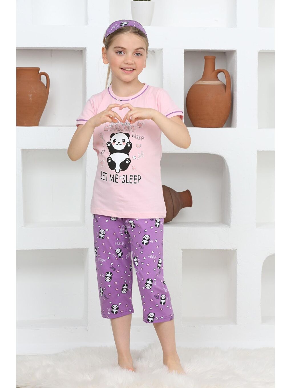 Kapi Kids Pembe Kız Çocuk Uyku Bantlı Kaprili Panda Baskılı Pijama Takımı 3-15 Yaş 6112-14 - 2