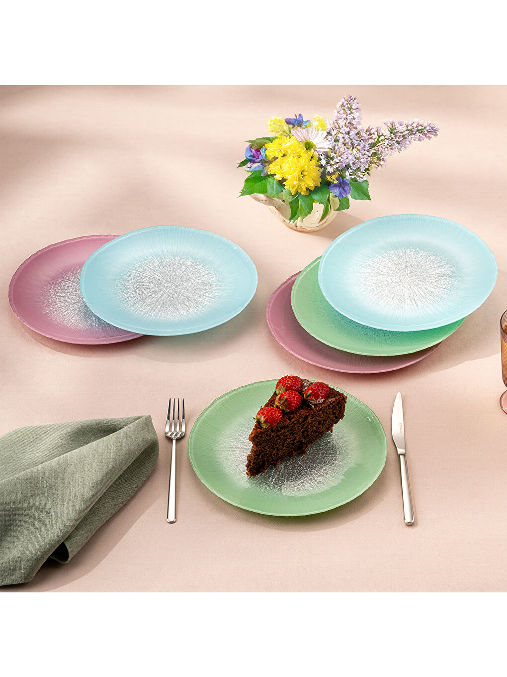 Yeşil Pastel 6 Kişilik Cam Pasta Seti 21 cm-6