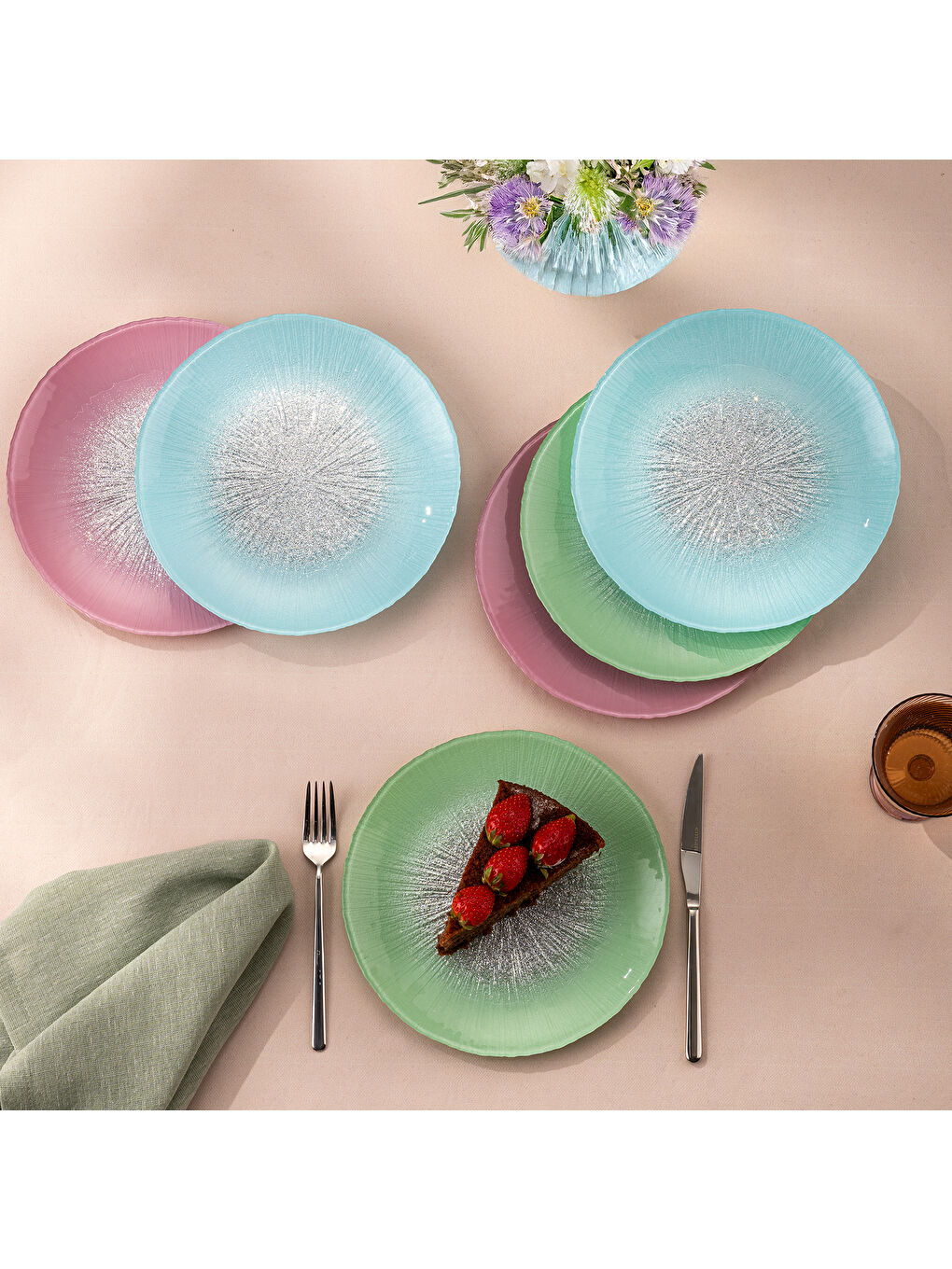 Yeşil Pastel 6 Kişilik Cam Pasta Seti 21 cm-7