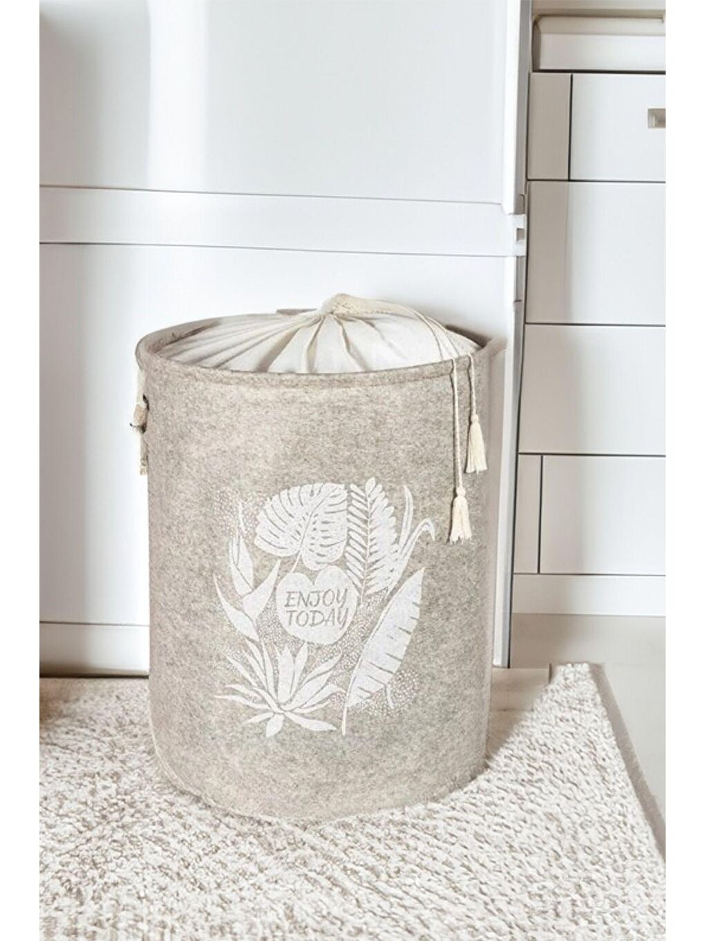 Keçe Torbalı Yuvarlak Sepet - Çok Amaçlı Kirli Çamaşır Sepeti Organizer Hurç Bej-1