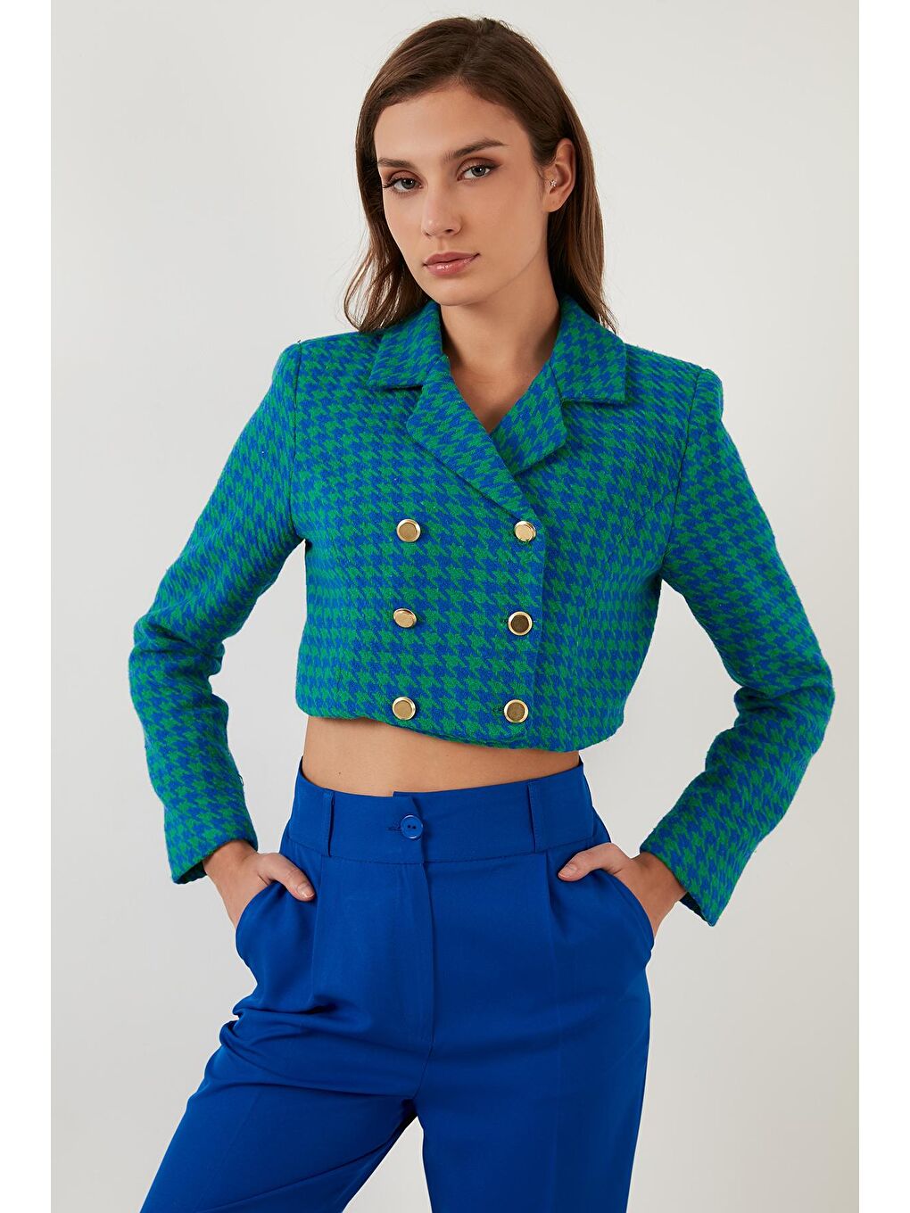 Yeşil Kazayağı Desenli Düğmeli Slim Fit Crop Ceket 611C007-1