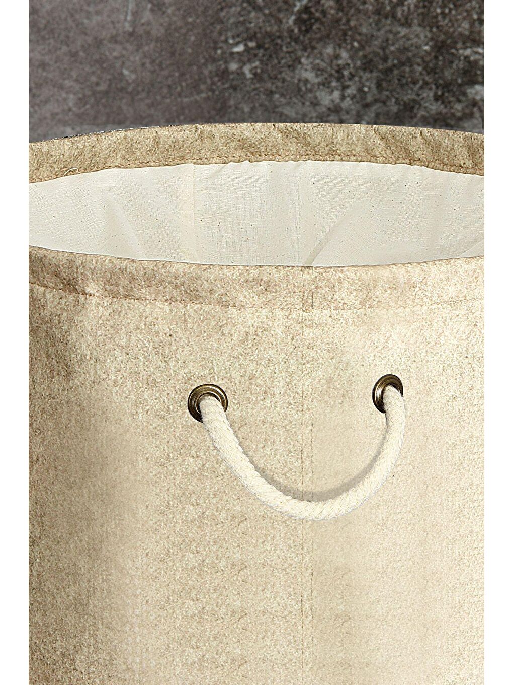 Keçe Torbalı Yuvarlak Sepet - Çok Amaçlı Kirli Çamaşır Sepeti Organizer Hurç Bej-3