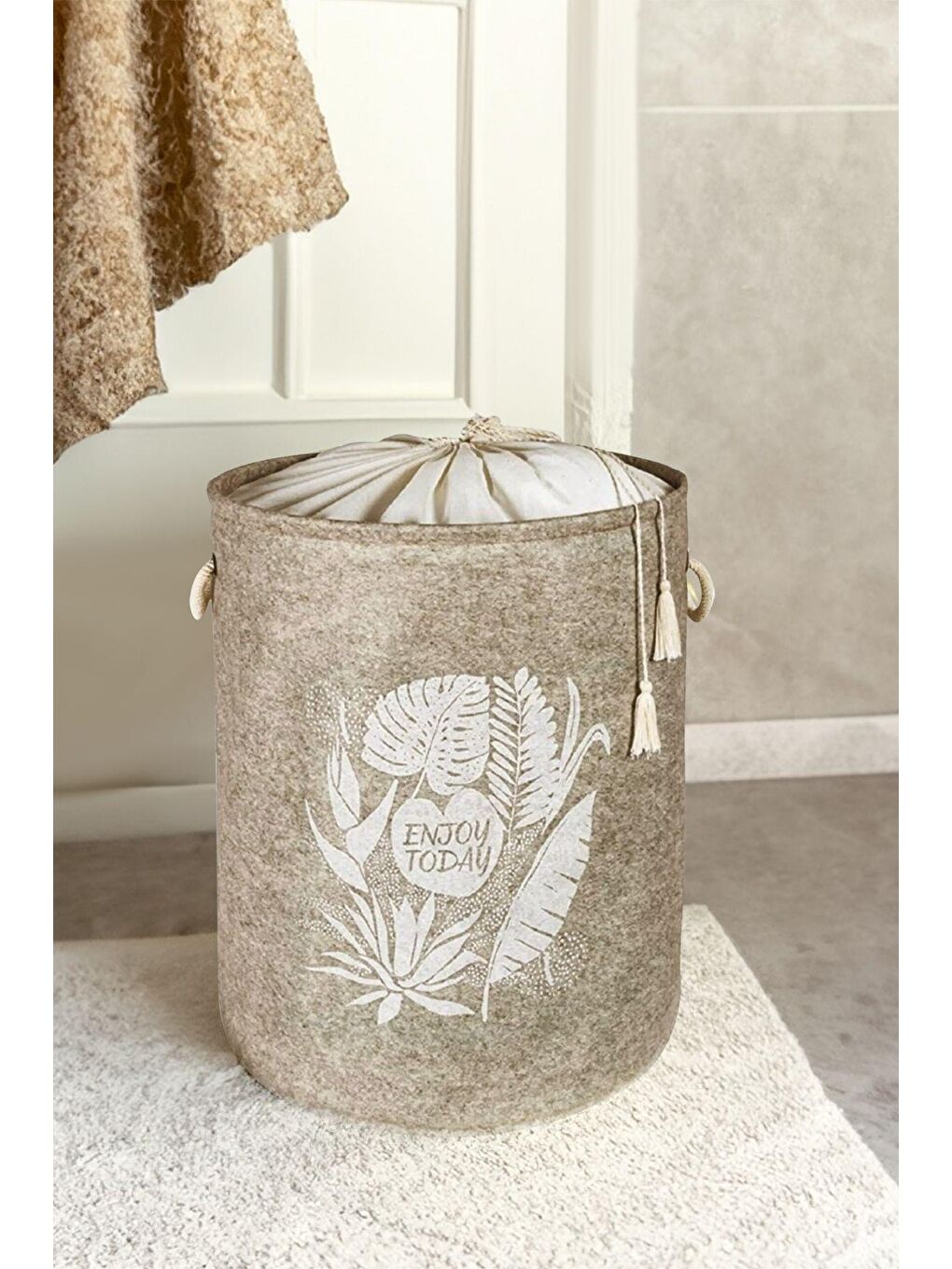 2'li Set Keçe Torbalı Sepet - Çok Amaçlı Kirli Çamaşır Sepeti Organizer Hurç 50 x 35 Cm Bej - Gri-1