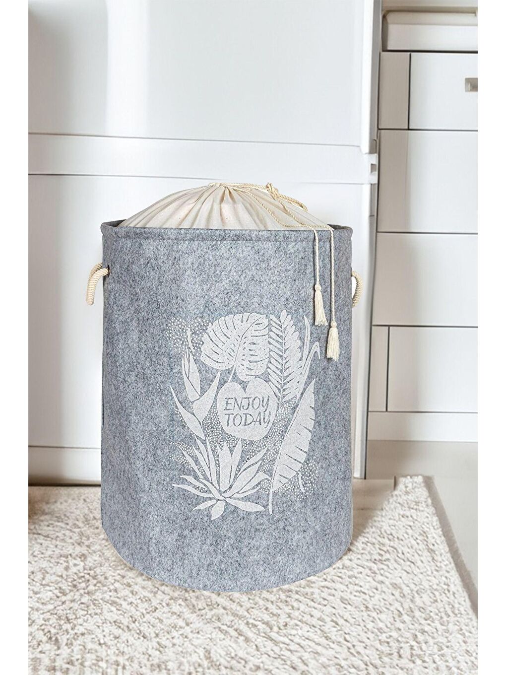 2'li Set Keçe Torbalı Sepet - Çok Amaçlı Kirli Çamaşır Sepeti Organizer Hurç 50 x 35 Cm Bej - Gri-2