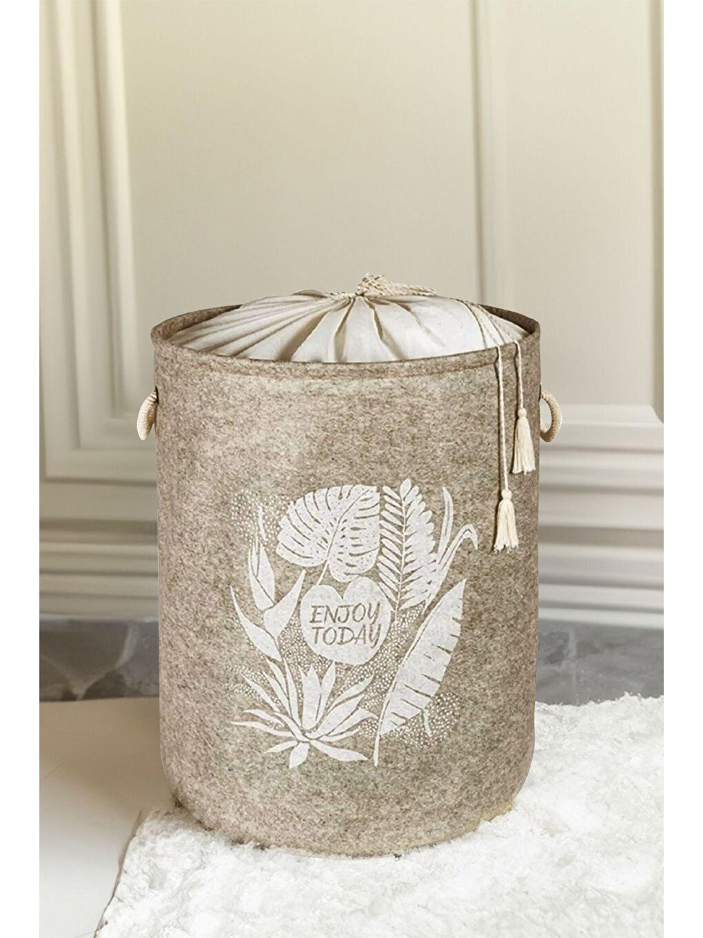Keçe Torbalı Yuvarlak Sepet - Çok Amaçlı Kirli Çamaşır Sepeti Organizer Hurç Bej-5