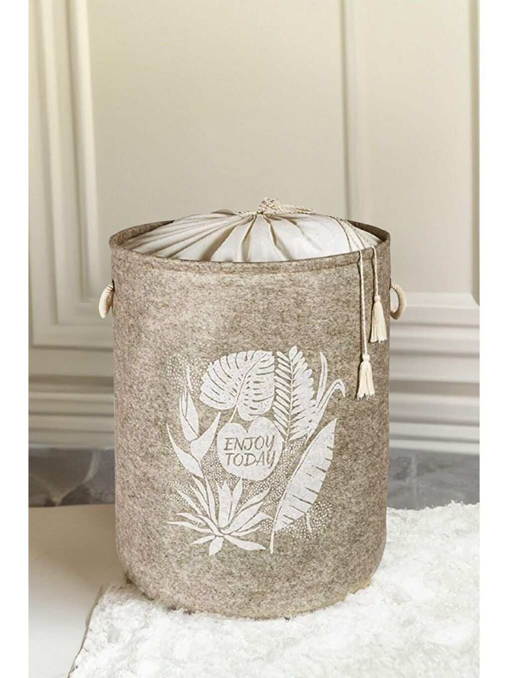 2'li Set Keçe Torbalı Sepet - Çok Amaçlı Kirli Çamaşır Sepeti Organizer Hurç 50 x 35 Cm Bej - Gri-3