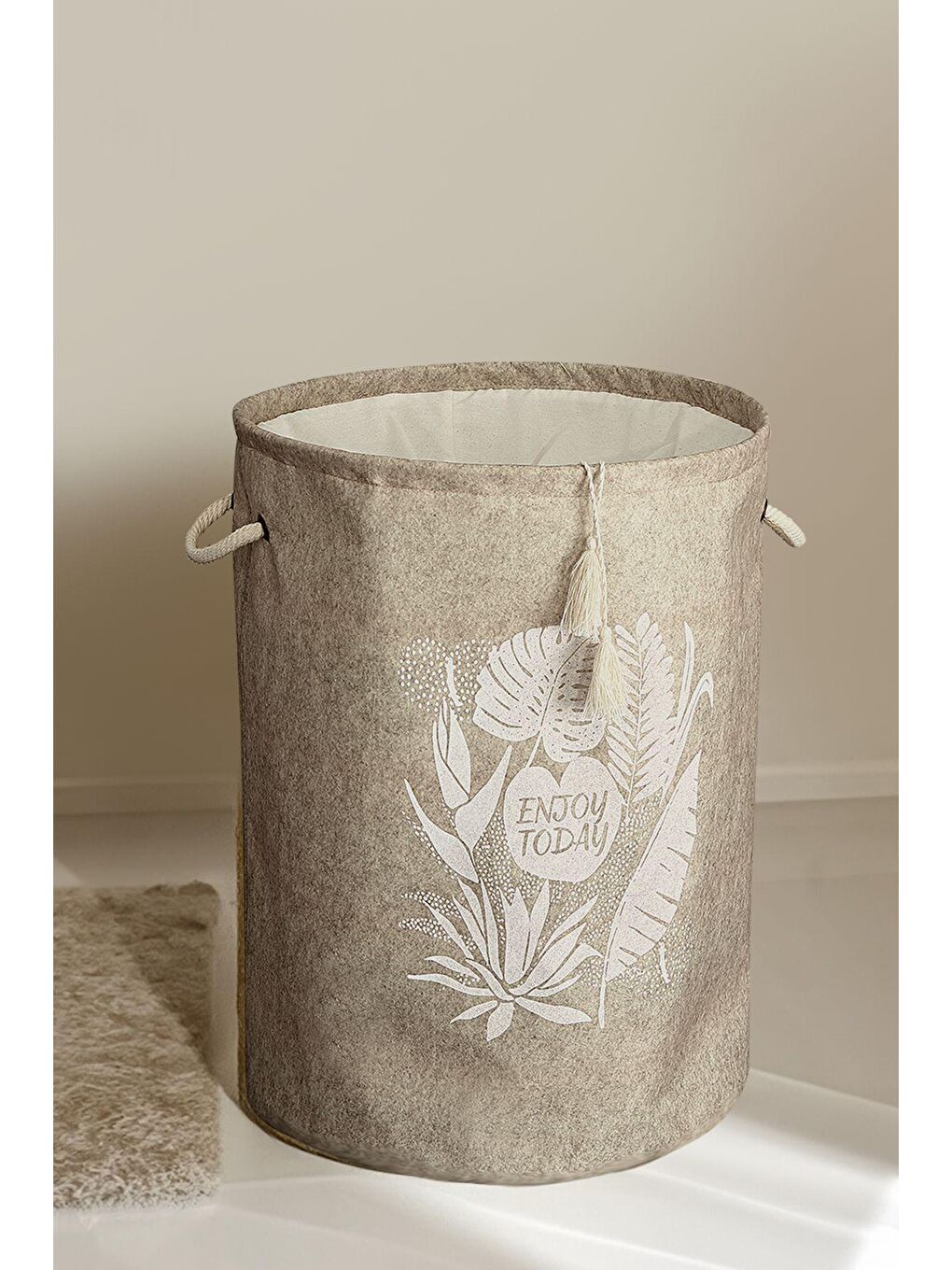 Keçe Torbalı Yuvarlak Sepet - Çok Amaçlı Kirli Çamaşır Sepeti Organizer Hurç Bej-6