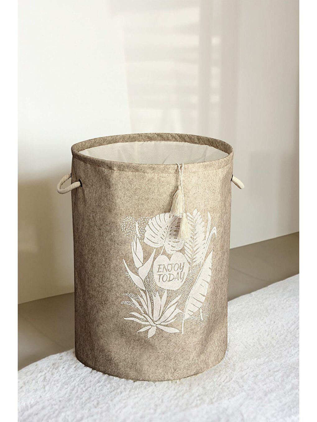 2'li Set Keçe Torbalı Sepet - Çok Amaçlı Kirli Çamaşır Sepeti Organizer Hurç 50 x 35 Cm Bej - Gri-5