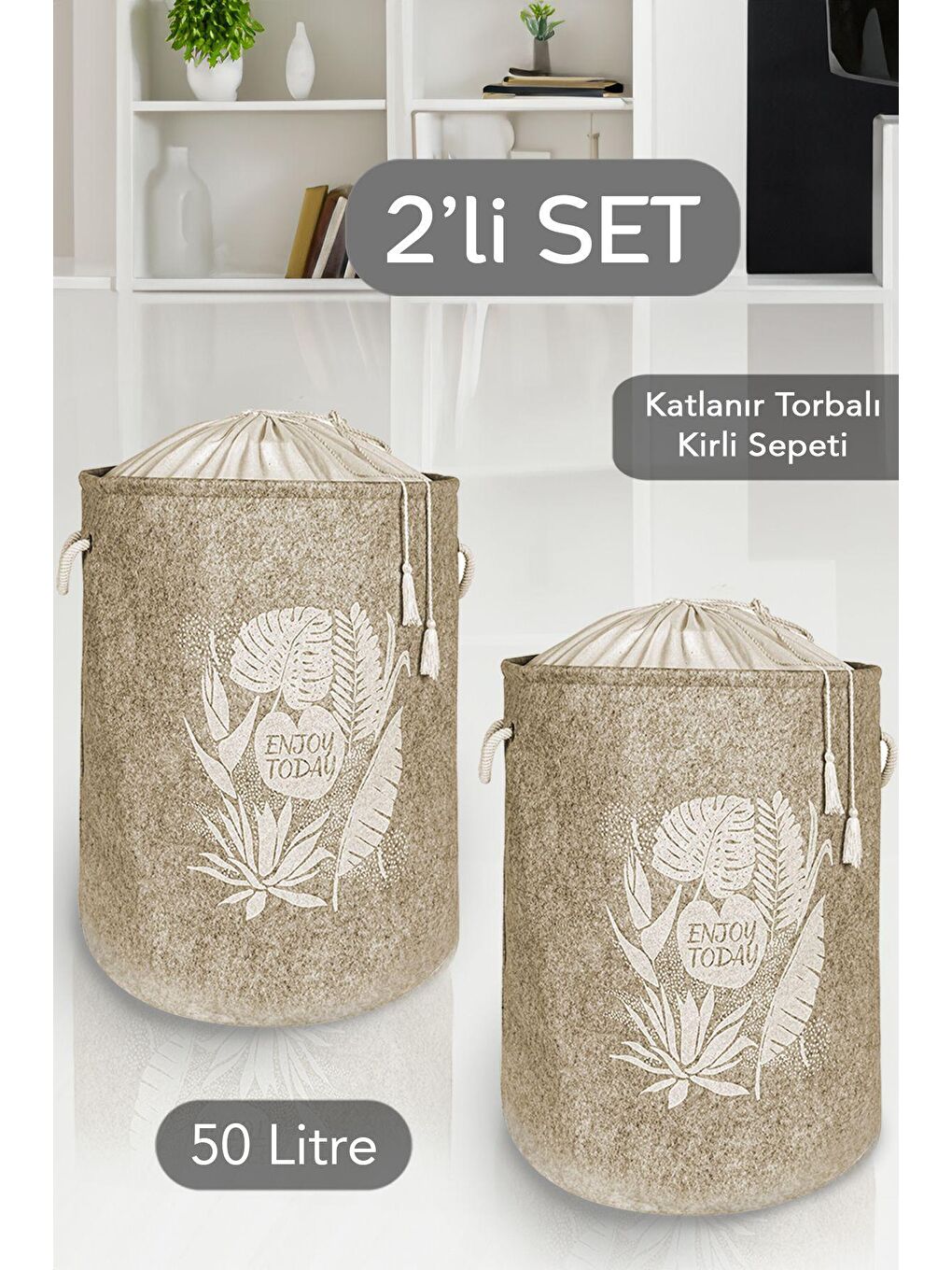 2 Adet Keçe Torbalı Yuvarlak Sepet - Çok Amaçlı Kirli Çamaşır Sepeti Organizer Bej 2 x (35 x 50 cm)