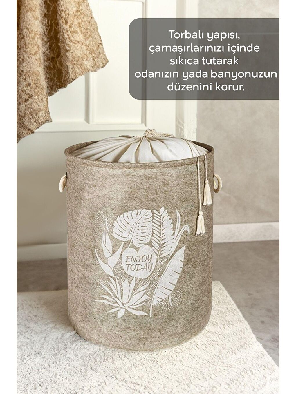 2 Adet Keçe Torbalı Yuvarlak Sepet - Çok Amaçlı Kirli Çamaşır Sepeti Organizer Bej 2 x (35 x 50 cm)-1