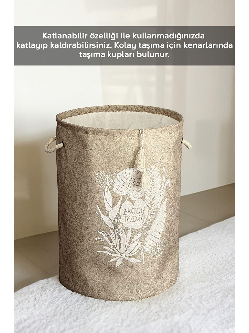 2 Adet Keçe Torbalı Yuvarlak Sepet - Çok Amaçlı Kirli Çamaşır Sepeti Organizer Bej 2 x (35 x 50 cm)-2