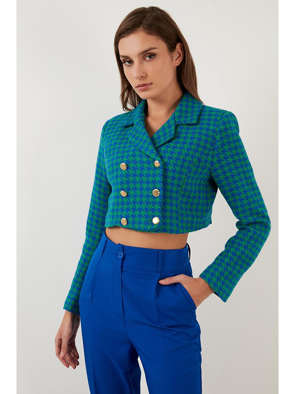 Yeşil Kazayağı Desenli Düğmeli Slim Fit Crop Ceket 611C007-2