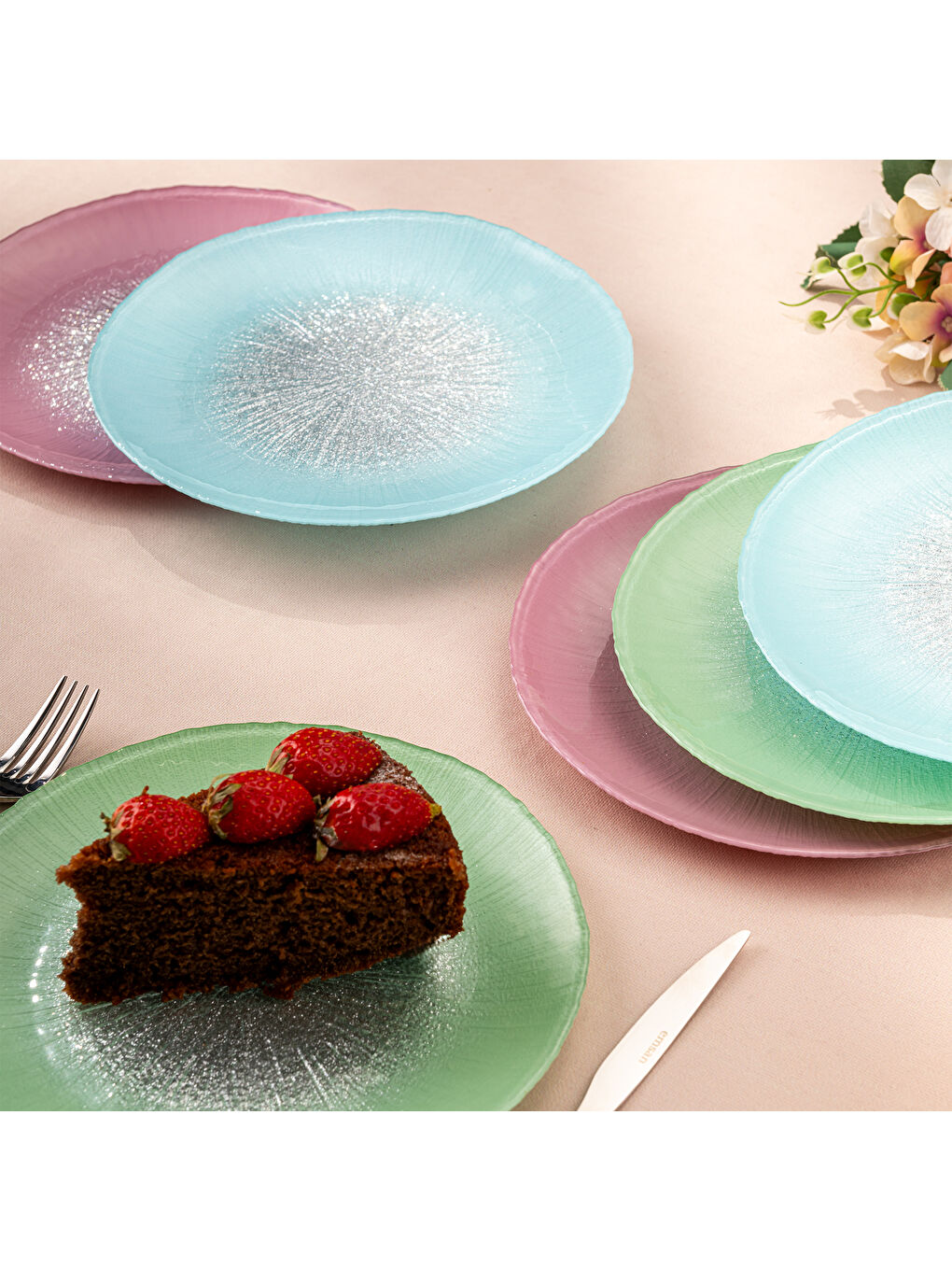 Yeşil Pastel 6 Kişilik Cam Pasta Seti 21 cm-8