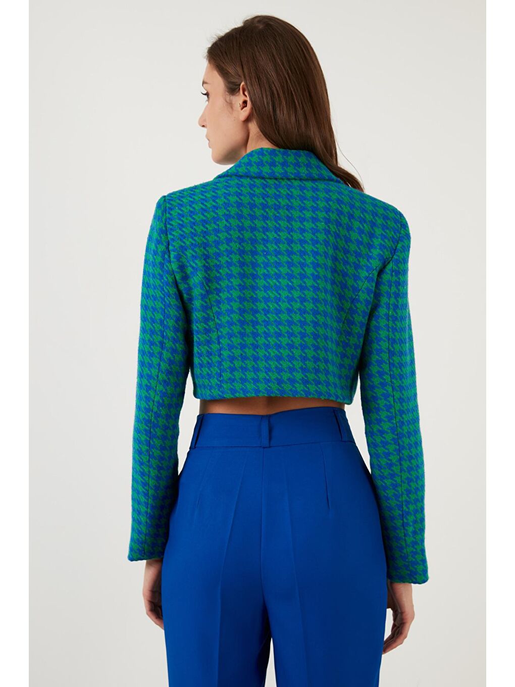 Yeşil Kazayağı Desenli Düğmeli Slim Fit Crop Ceket 611C007-3