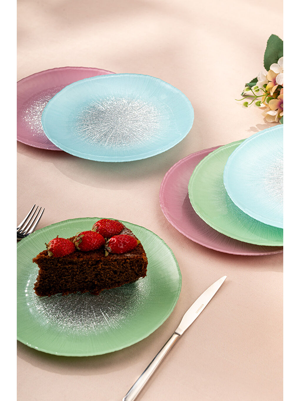 Yeşil Pastel 6 Kişilik Cam Pasta Seti 21 cm-5
