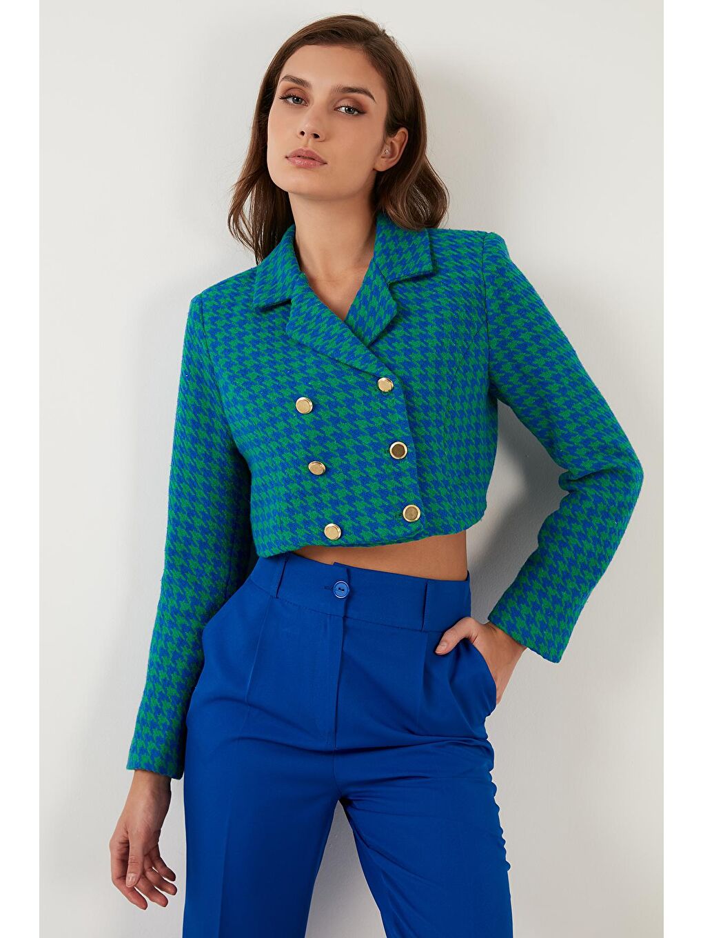 Yeşil Kazayağı Desenli Düğmeli Slim Fit Crop Ceket 611C007-4