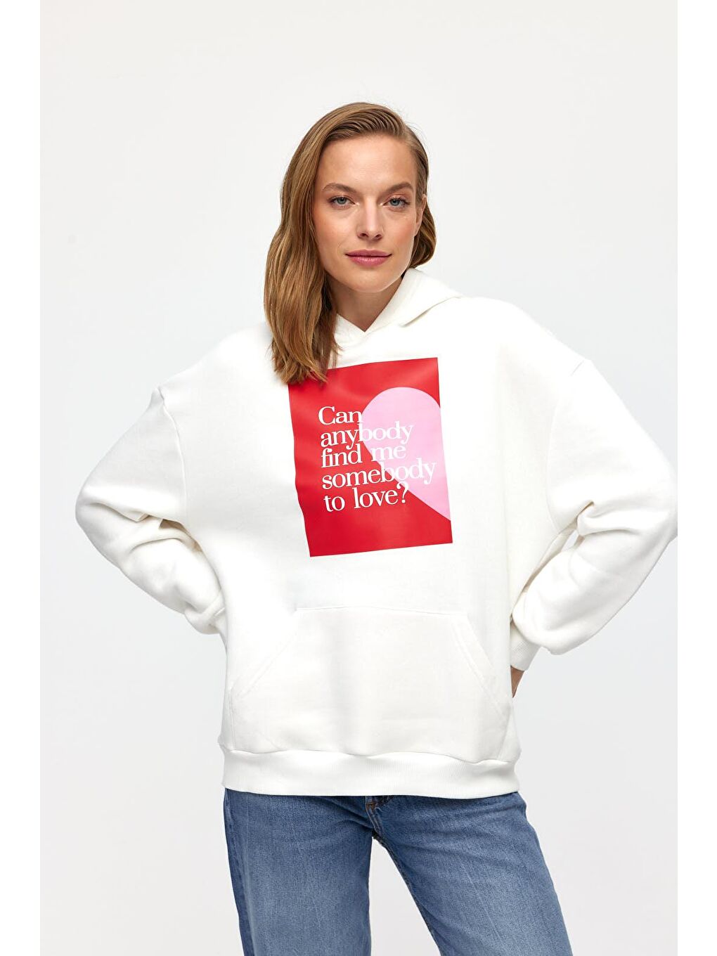 Baskılı Düz Renk Sweatshirt -Beyaz-1