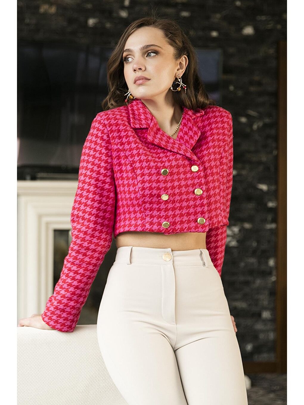 Lela Fuşya Kazayağı Desenli Düğmeli Slim Fit Crop Ceket 611C007 - 1