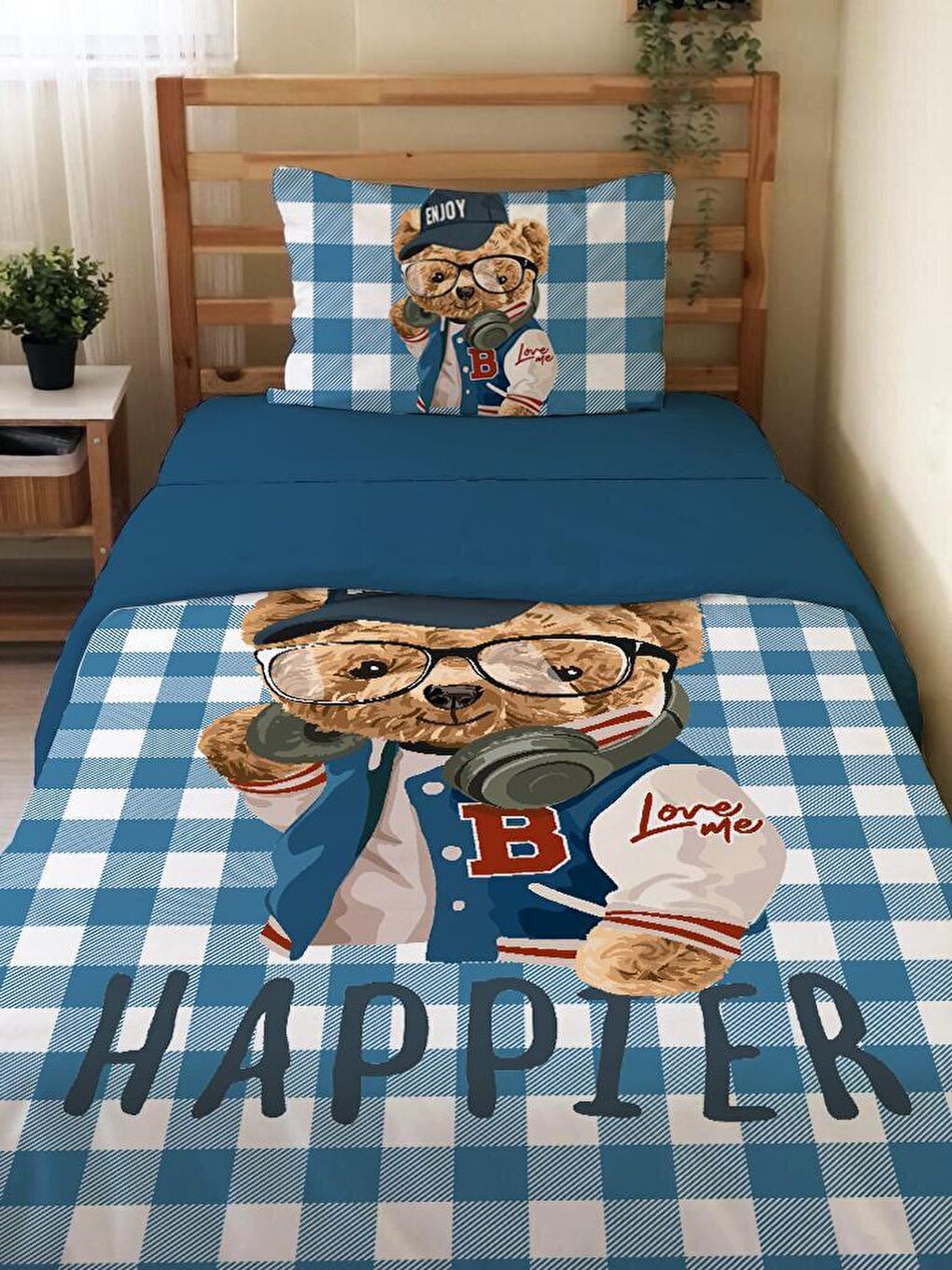 Karışık Çift Taraflı Teddy Desenli Çarşafsız Takım Tek Kişilik Nevresim Takımı 160x220 Cm-1