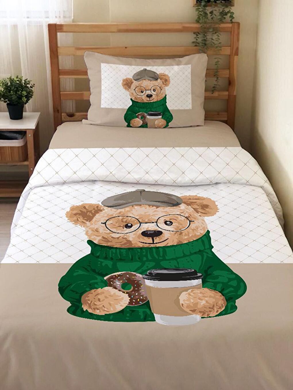 Karışık Çift Taraflı Teddy Desenli Çarşafsız Takım Tek Kişilik Nevresim Takımı 160x220 Cm-1