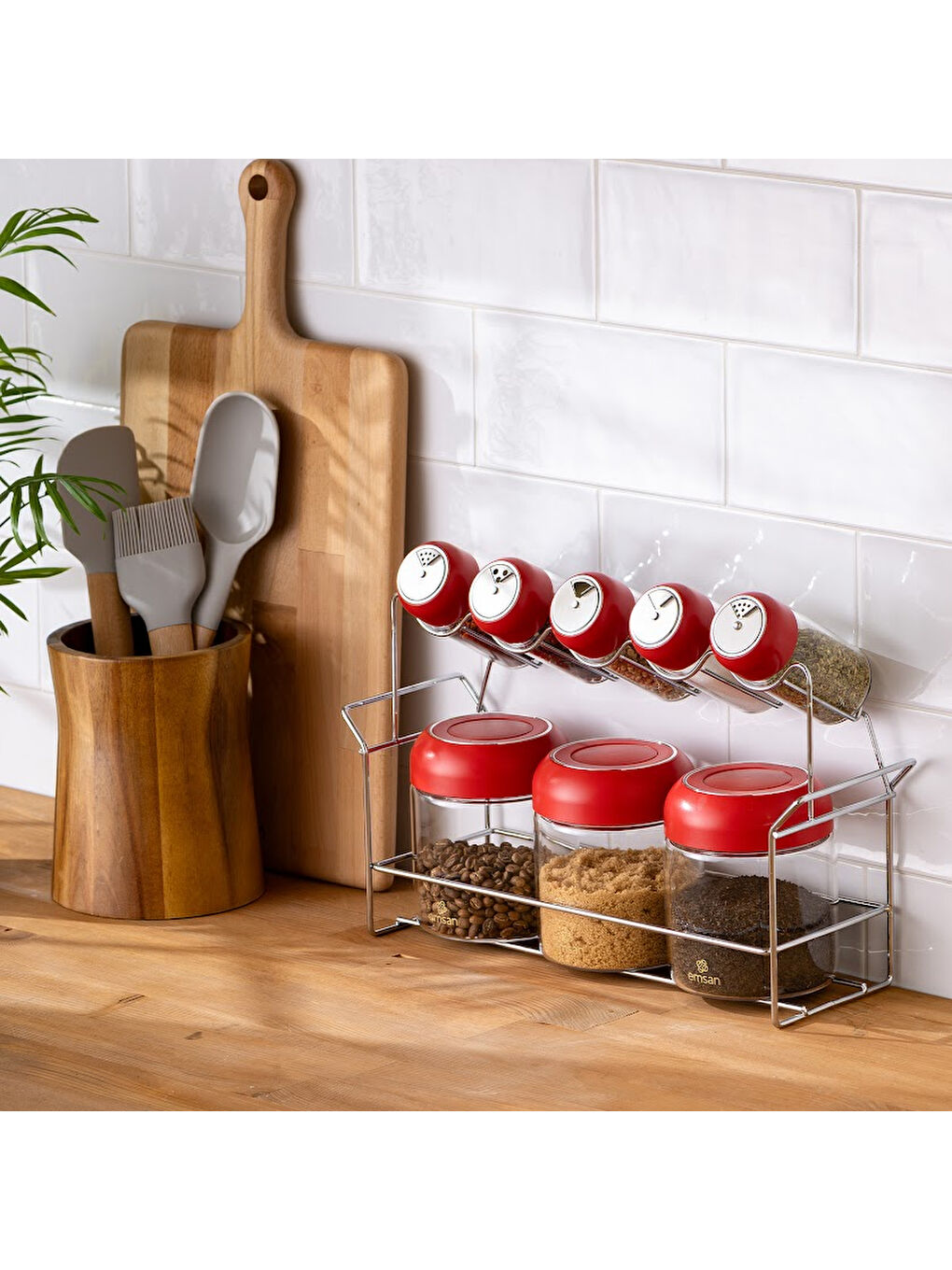 Kırmızı Simple Standlı Baharatlık Seti 8'li-6