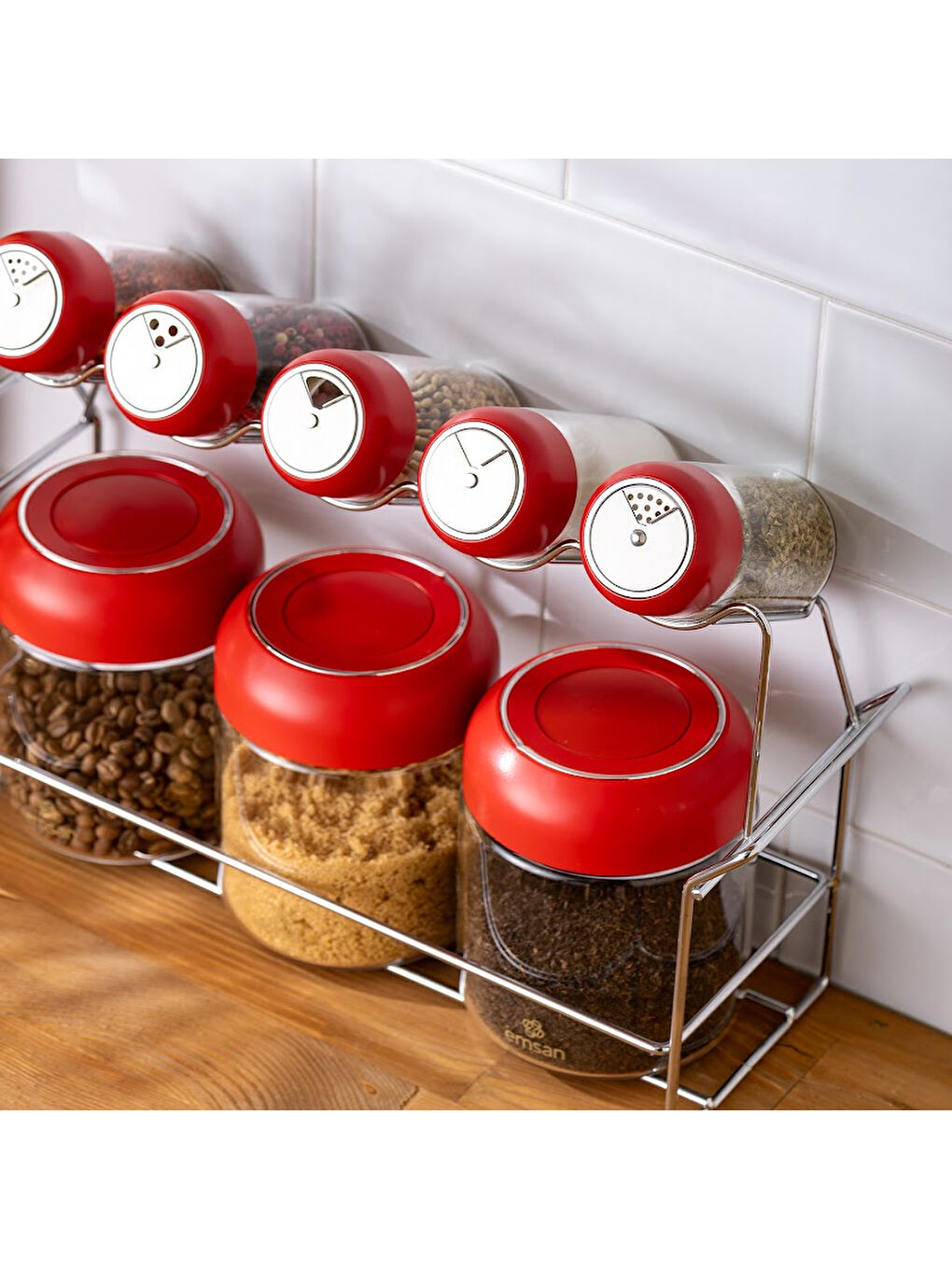 Kırmızı Simple Standlı Baharatlık Seti 8'li-7
