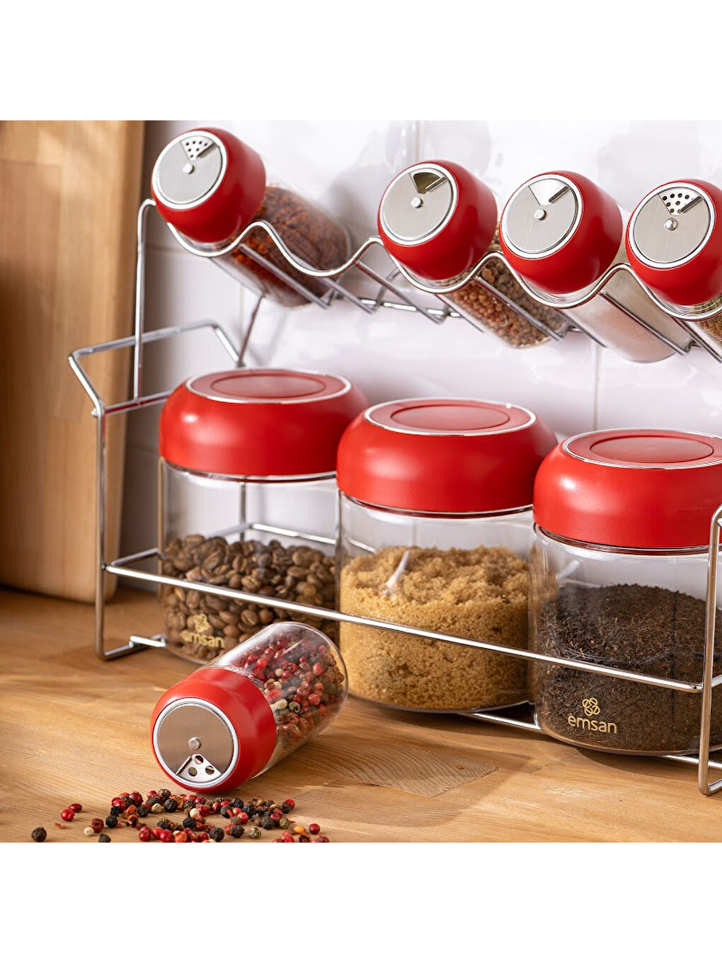 Kırmızı Simple Standlı Baharatlık Seti 8'li-8