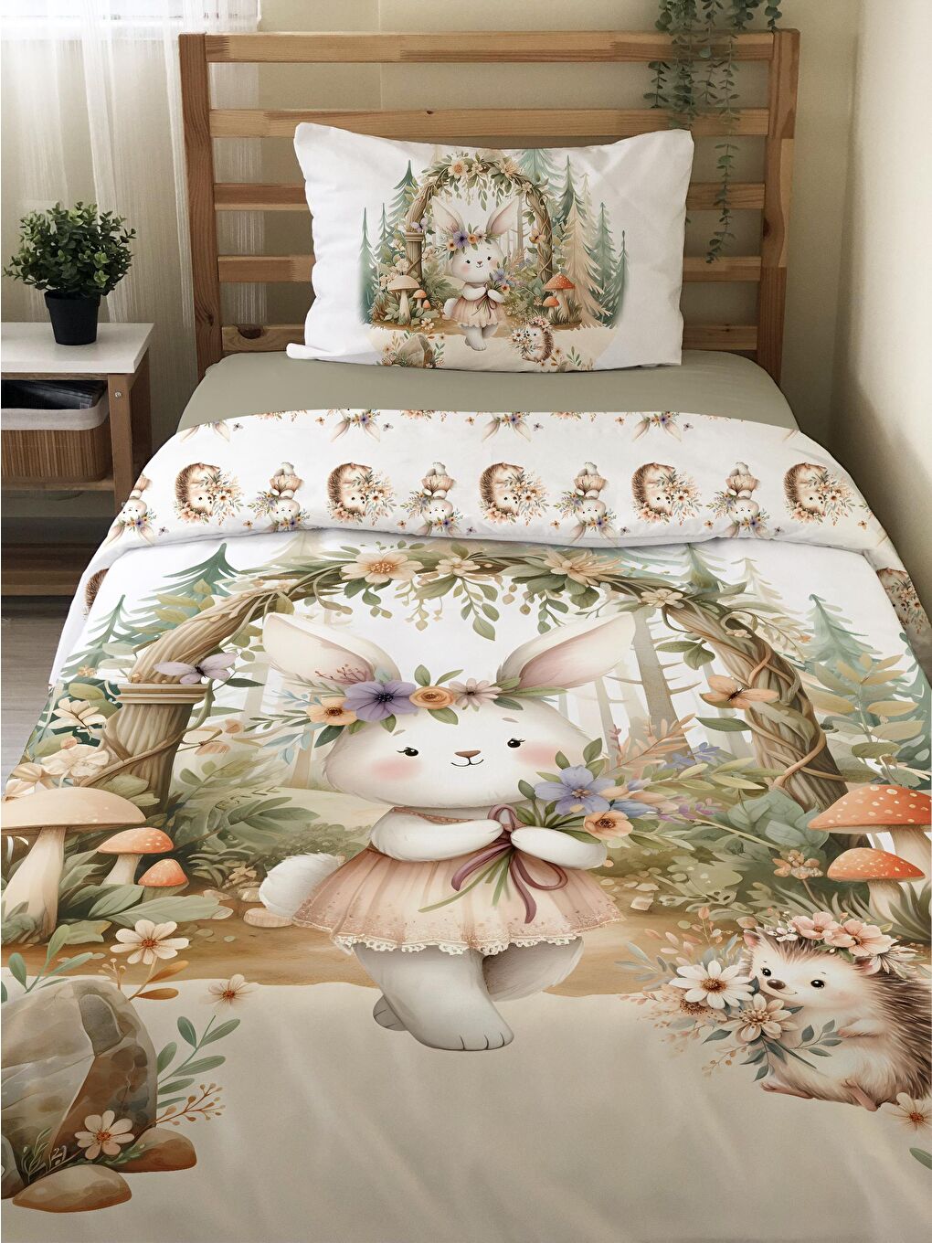 Karışık Sevimli Tavşan Desenli Çarşafsız Tek Kişilik Nevresim Takımı 160x220 cm-1