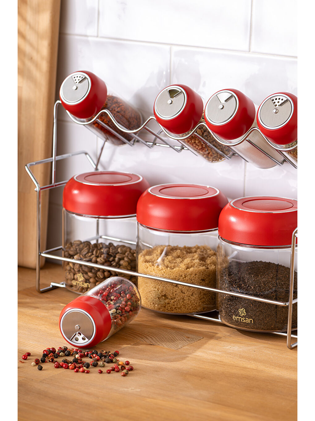 Kırmızı Simple Standlı Baharatlık Seti 8'li-5