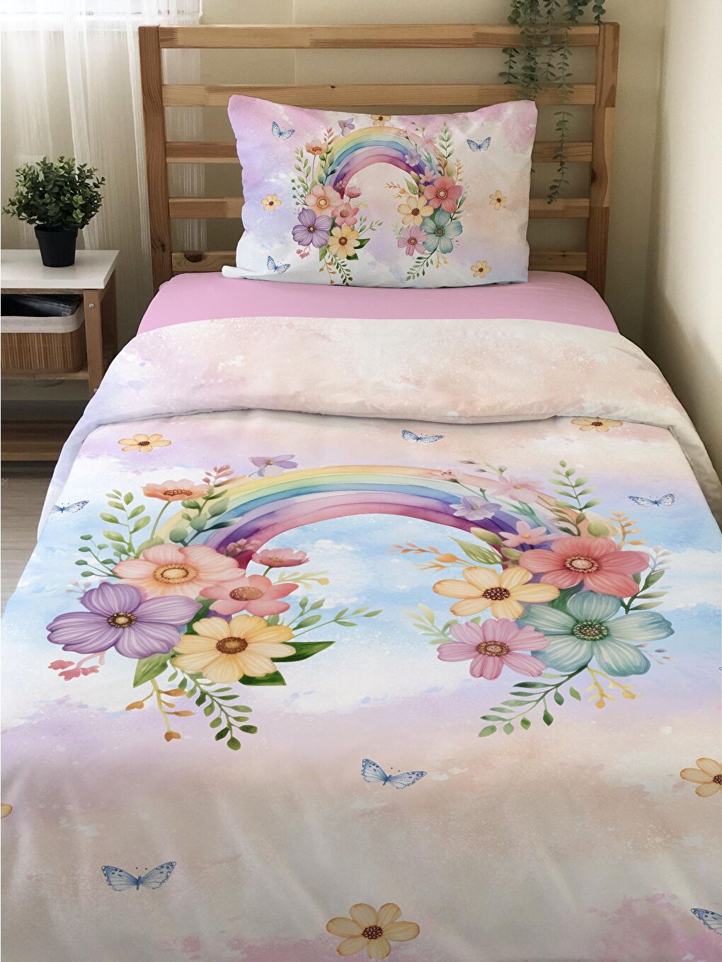 Evmila Çiçek ve  Desenli Çarşafsız 2'li Takım Baskılı Tek Kişilik Nevresim Takımı 160x220 cm-1