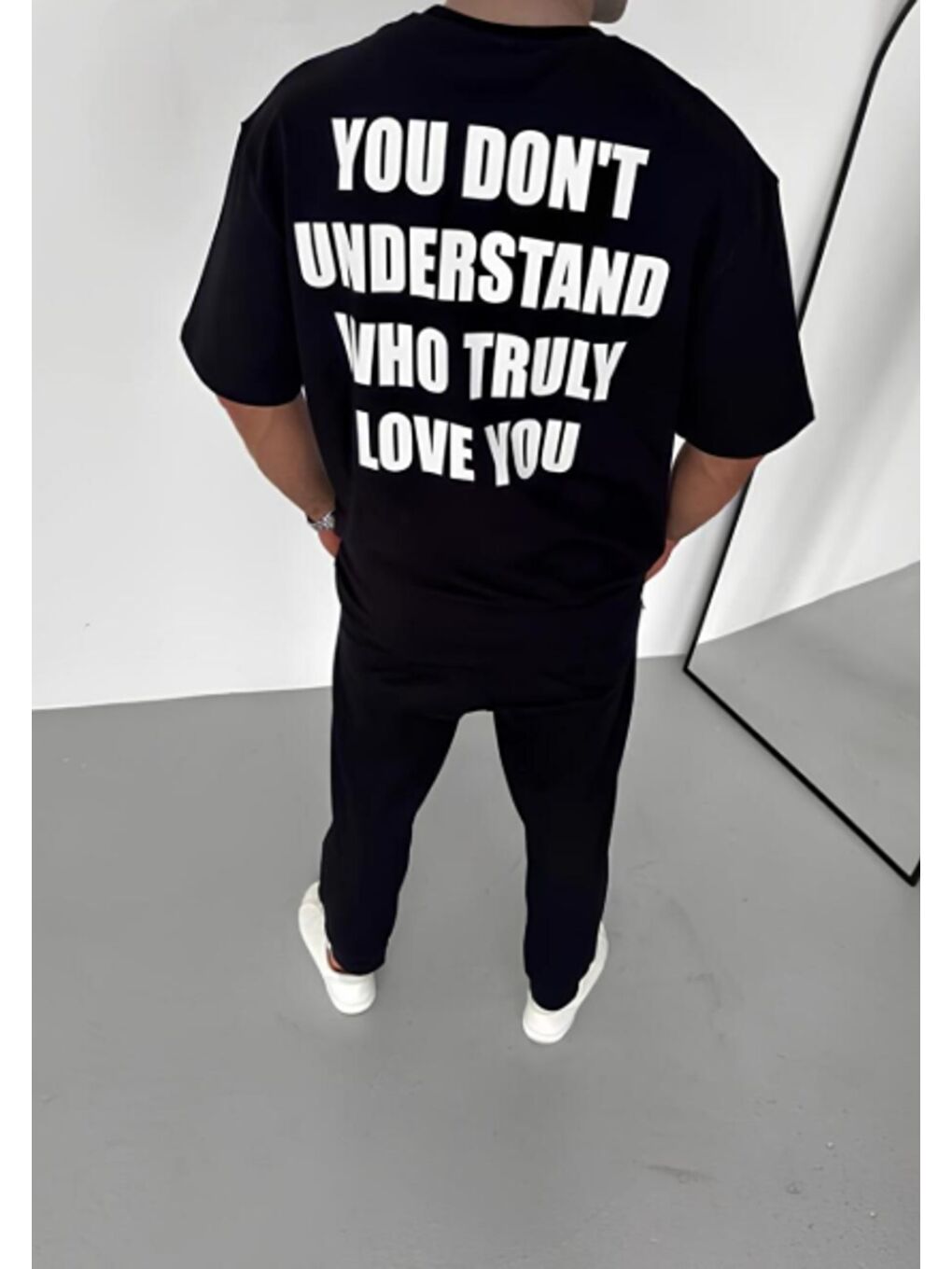 Unisex Bisiklet Yaka Ön Arka Baskılı Oversize Siyah Tişört-1