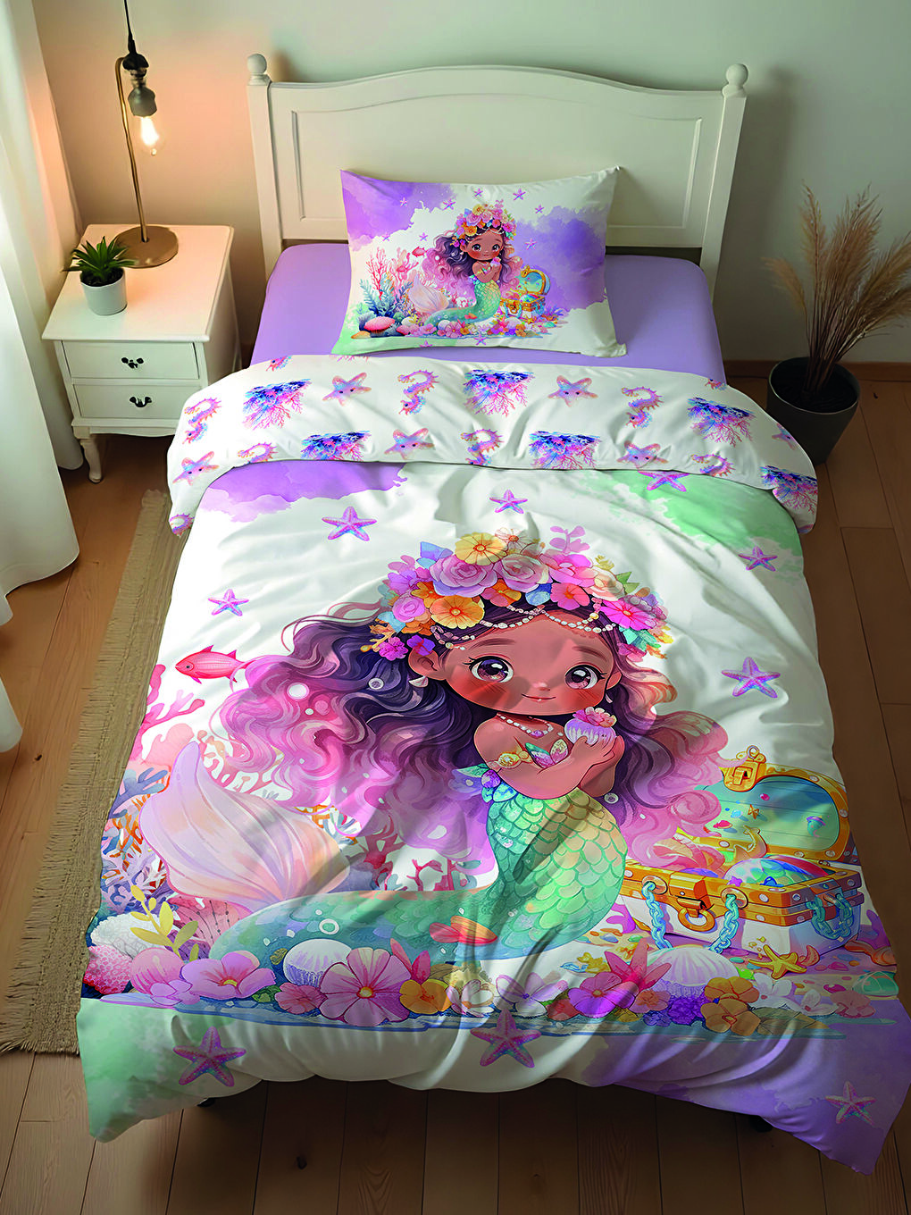 Karışık Denizkızı Desenli Çarşafsız 2'li Takım Baskılı Tek Kişilik Nevresim Takımı 160x220 cm