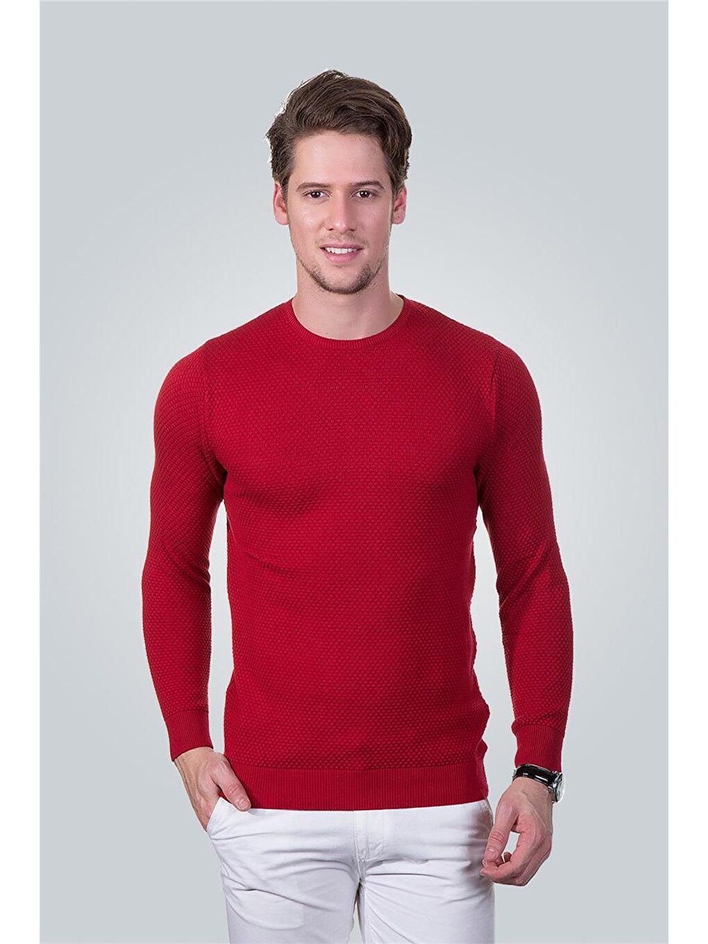 Erkek Standart Fit Normal Kesim Bisiklet Yaka Petek Desenli Kırmızı Triko Kazak-1