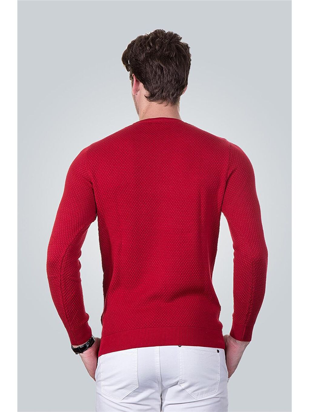 Erkek Standart Fit Normal Kesim Bisiklet Yaka Petek Desenli Kırmızı Triko Kazak-2