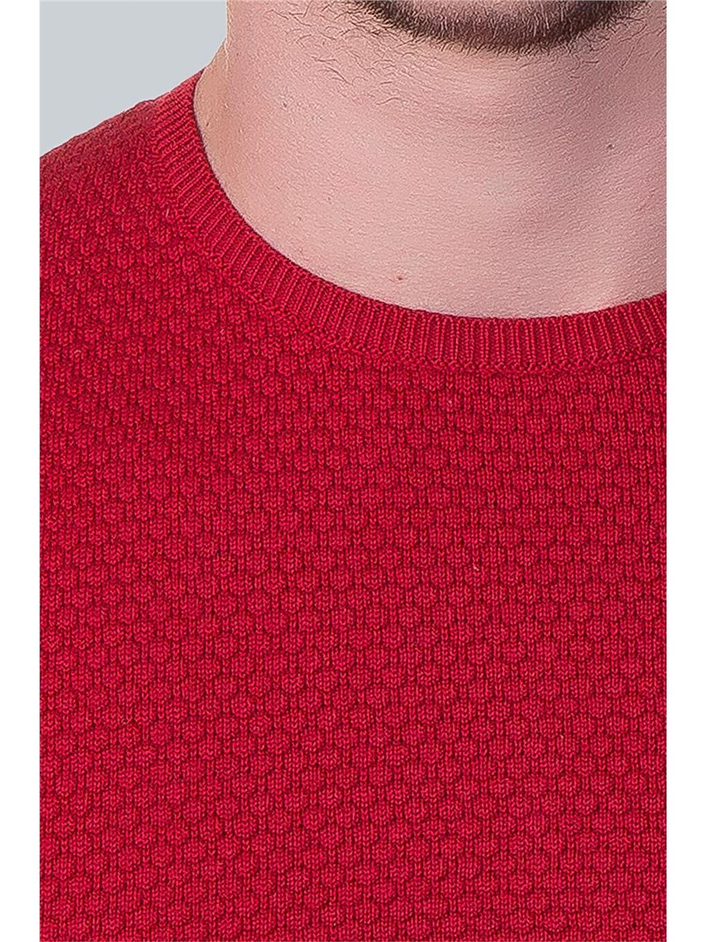 Erkek Standart Fit Normal Kesim Bisiklet Yaka Petek Desenli Kırmızı Triko Kazak-3