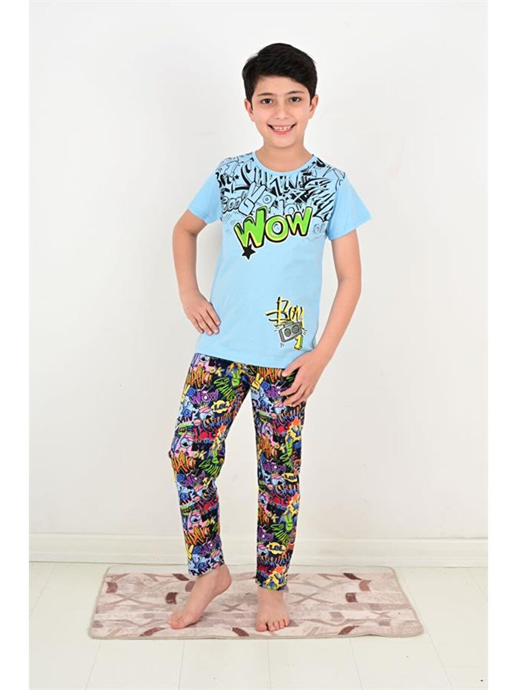 Erkek Çocuk Kısa Kollu Pijama Takımı Wow Model Mavi